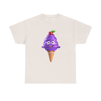 Scoop of Joy: Cartoon Ice Cream Cone Character Tee in light cream, showcasing a charming purple ice cream character, ideal for luxury leisure with a whimsical flair.
