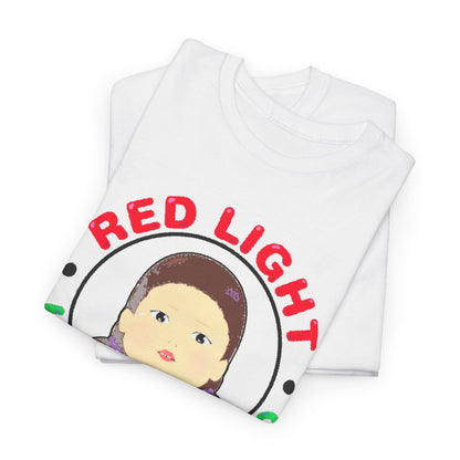Folded Squid Game unisex T-shirt, elegantly showcasing the 'RED LIGHT GREEN LIGHT' design, ideal for fans of contemporary fashion.