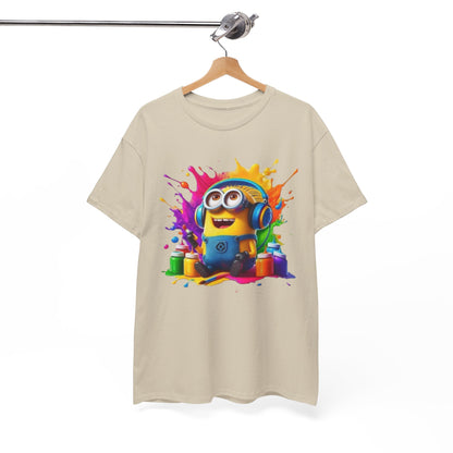 Men's Funny Minion Paint Splash T-Shirt artfully hanging to highlight its playful design, a must-have for fans of funny Minions and colourful graphic tees.