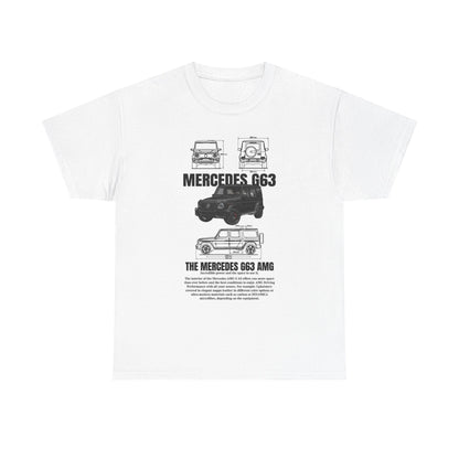 Unisex Men's T-Shirt presenting a technical illustration of the Mercedes-AMG G63 on a white fabric, epitomising luxury and automotive excellence.
