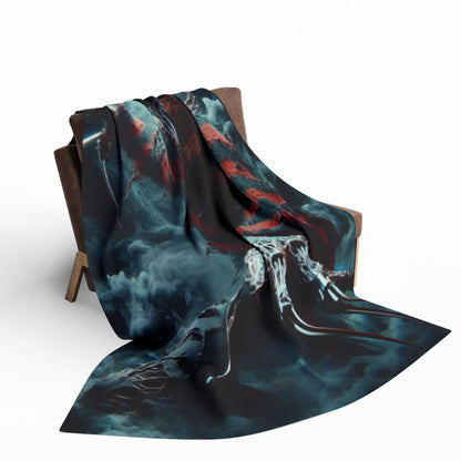 Stylish Halloween Freddy Krueger Nightmare On Elm Street Arctic Fleece Blanket, draped gracefully over a chair, highlighting its intricate spooky design ideal for seasonal decor.