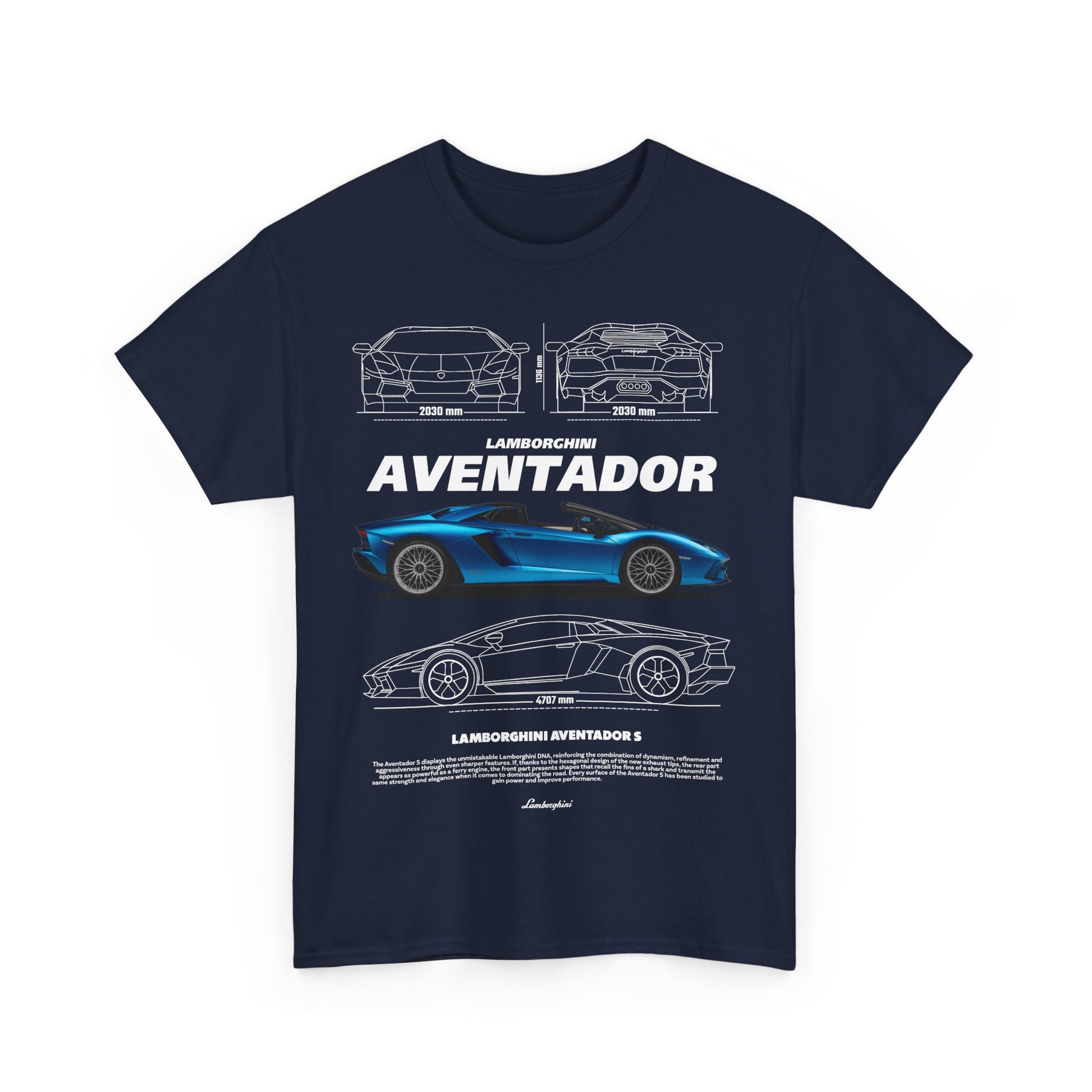 Premium men's t-shirt with a striking graphic of the Lamborghini Aventador S in navy, catering to luxury style and automotive trends.