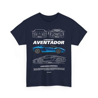 Premium men's t-shirt with a striking graphic of the Lamborghini Aventador S in navy, catering to luxury style and automotive trends.