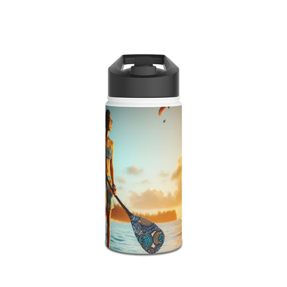 Luxury Fantasy Paddleboarding Stainless Steel Water Bottle against a sunset backdrop, showcasing an adventurous paddleboarder. Perfect for hydration during outdoor paddleboarding activities.