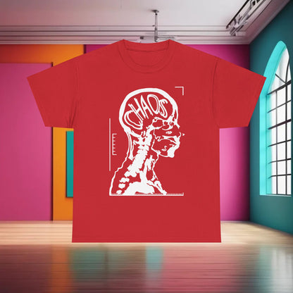 CHAOS Graphic Unisex T-Shirt in Premium Cotton presenting an eye-catching red shade with a bold black and white X-ray design that features 'CHAOS', an elegant representation of inner complexity.