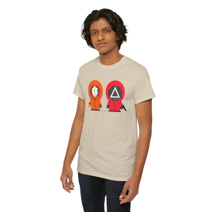 Another model showcasing the Squid Game South Park Unisex Men’s Women’s Graphic Cotton Funny T Shirt Tee, highlighting its casual yet stylish appeal with an eye-catching mashup design.