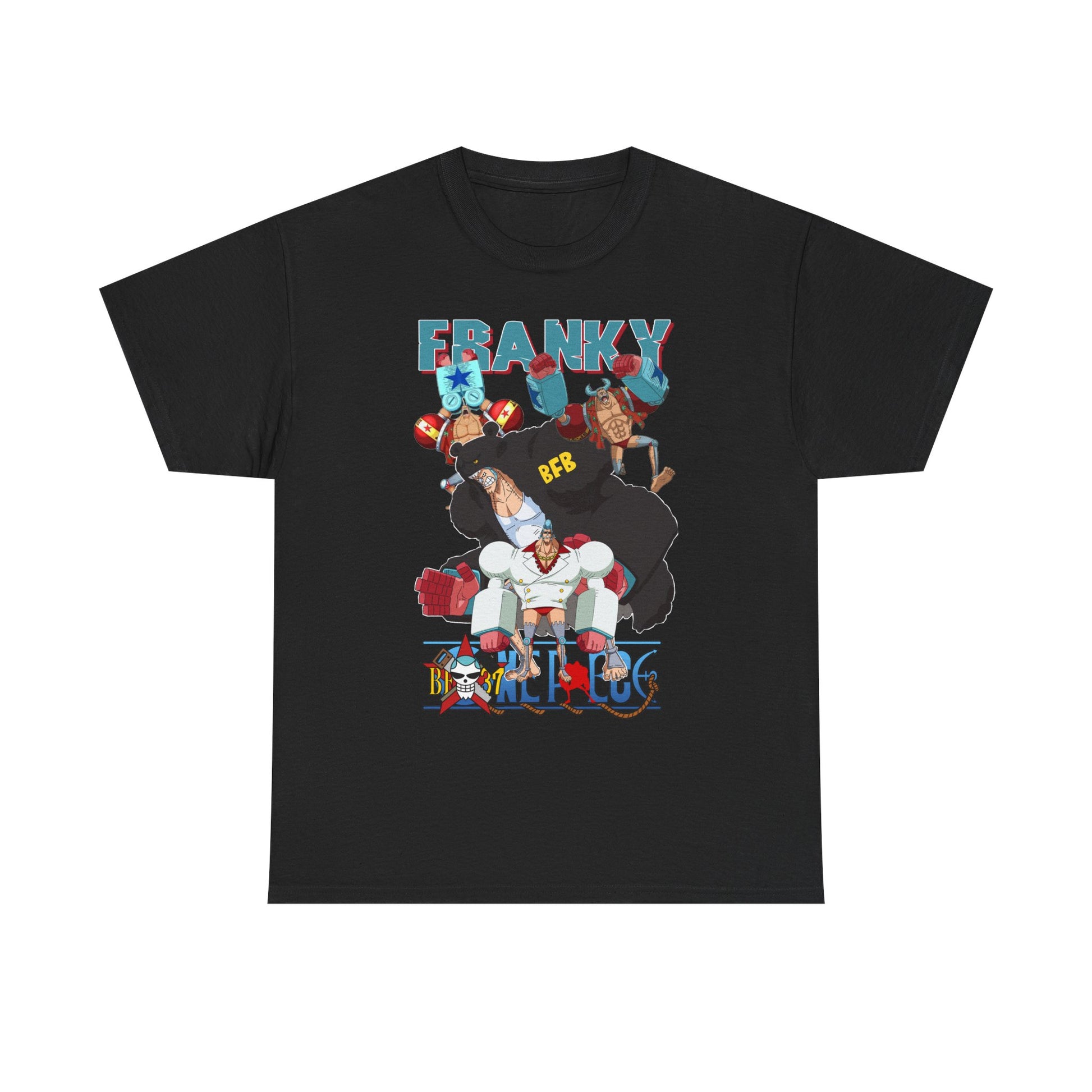 Chic black t-shirt adorned with striking anime illustrations of Franky and iconic characters, ideal for fashionable anime lovers.