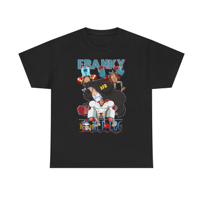 Chic black t-shirt adorned with striking anime illustrations of Franky and iconic characters, ideal for fashionable anime lovers.