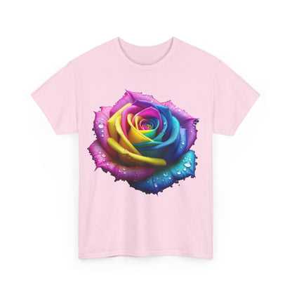 Stunning front view of the Rainbow Rose Unisex Cotton Tee featuring a vibrant, colourful close-up of a rainbow rose with dewdrops, perfect for nature lovers.