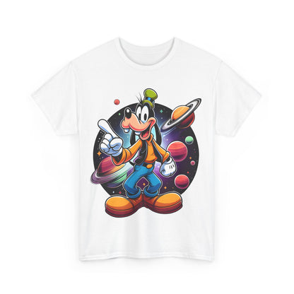 Front view of Classic White Cosmic Goofy Unisex Graphic Tee - Playful Disney Design, Vibrant Illustration in Cosmic Wonderland, showcasing a striking graphic of Goofy amidst cosmic elements.