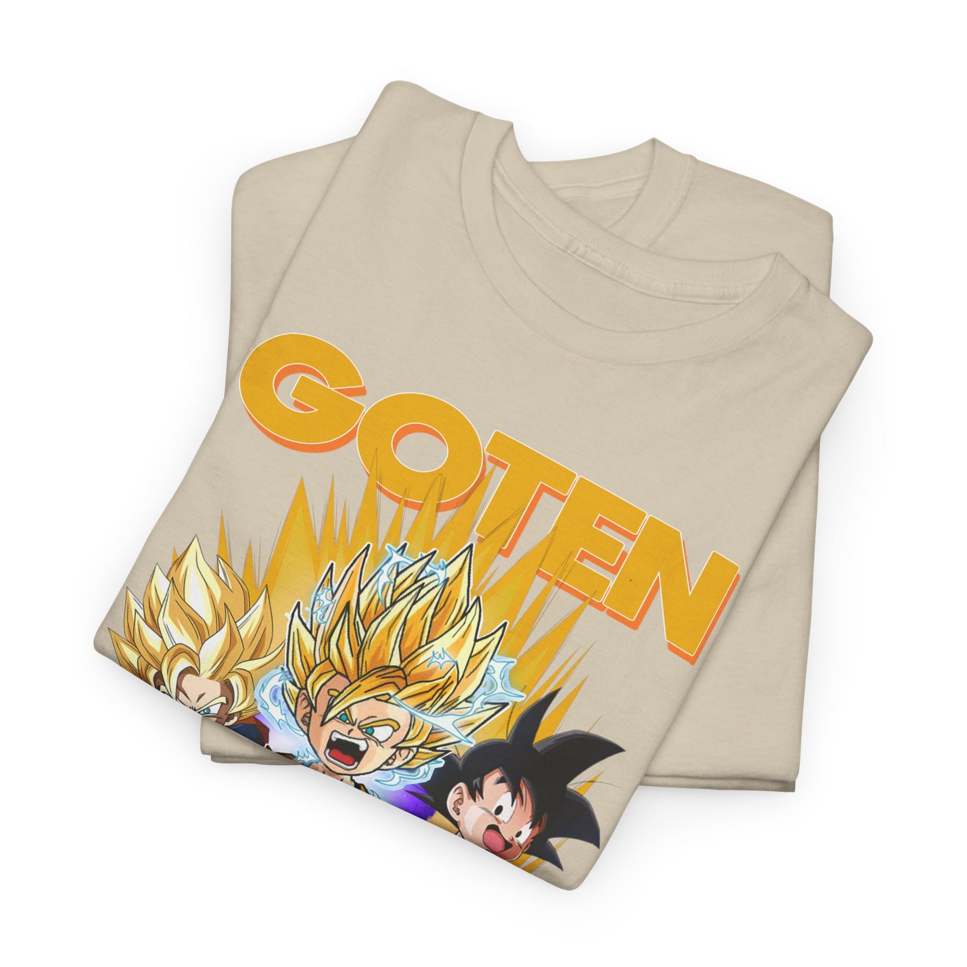 Stylish beige T-shirt featuring vibrant Dragon Ball Z characters, including GOTEN, showcasing high-quality anime-inspired design and dynamic energy blasts.