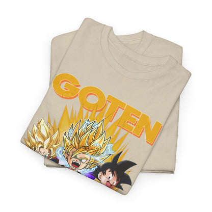 Stylish beige T-shirt featuring vibrant Dragon Ball Z characters, including GOTEN, showcasing high-quality anime-inspired design and dynamic energy blasts.