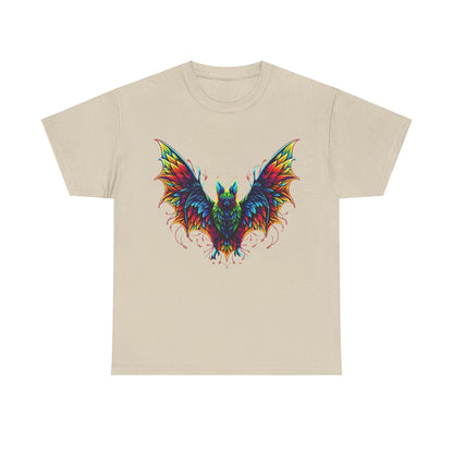 Radiant Evolution Bat Tee - Unisex Cotton Tee presenting an artistic bat illustration bursting with vibrant rainbow tones on a beige background, perfect for expressing individuality and flair.