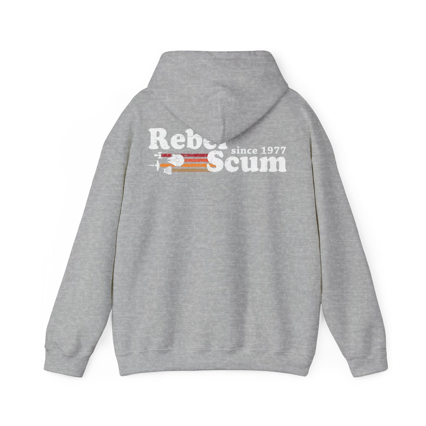 Chic grey hoodie adorned with a distinguished 'Rebel Scum' back print, complete with vintage colour bands and spacecraft illustrations, established 'since 1977'.