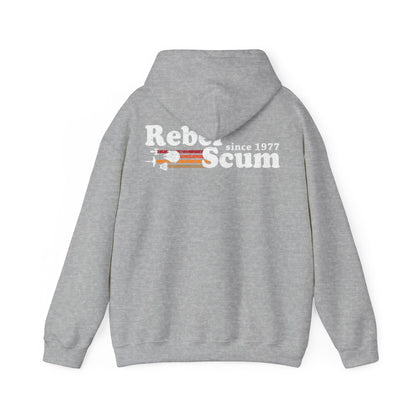 Chic grey hoodie adorned with a distinguished 'Rebel Scum' back print, complete with vintage colour bands and spacecraft illustrations, established 'since 1977'.
