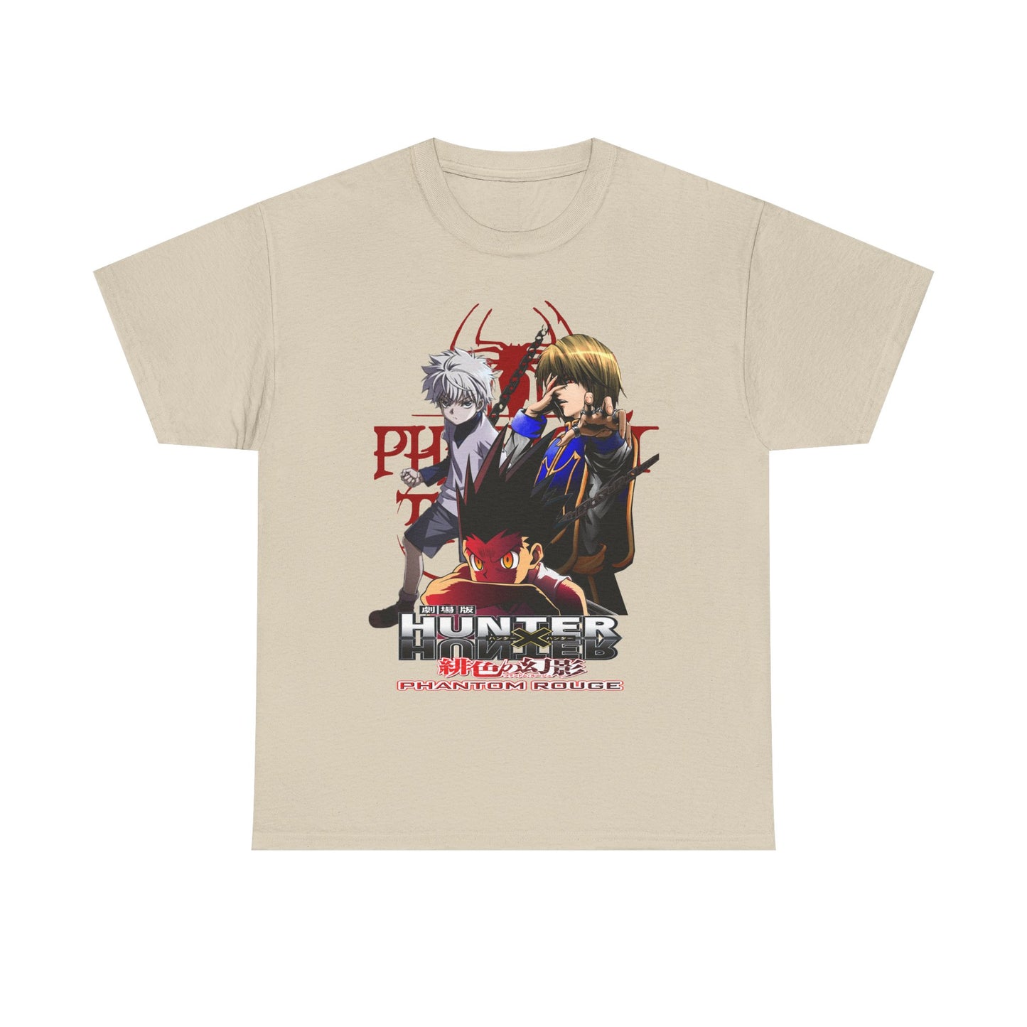 Elegant beige T-shirt featuring iconic characters from Hunter x Hunter: Phantom Rouge. The dynamic graphic design showcases Gon Freecss, Killua Zoldyck, and Hisoka Morow, perfect for anime collectors and fashion enthusiasts.