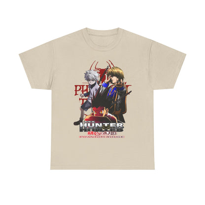 Elegant beige T-shirt featuring iconic characters from Hunter x Hunter: Phantom Rouge. The dynamic graphic design showcases Gon Freecss, Killua Zoldyck, and Hisoka Morow, perfect for anime collectors and fashion enthusiasts.