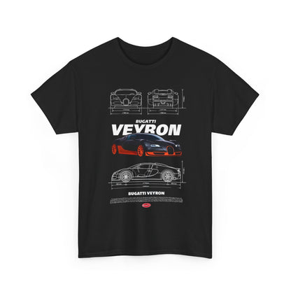 Men's T-Shirt featuring the Bugatti Veyron design with technical drawings and specifications, showcasing a sophisticated dark grey/black background with vibrant orange accents.