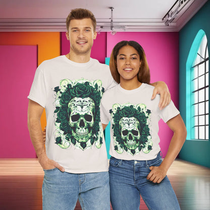 Couple wearing Skulls and Roses Cotton Tee, radiating confidence and style, showcasing its versatile appeal for unisex fashion.