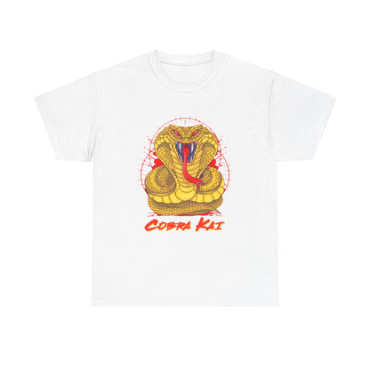 Luxurious Cobra Kai graphic t-shirt featuring a striking yellow snake design, perfect for martial arts enthusiasts and stylish casual wear.