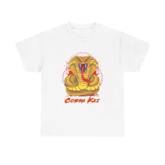 Luxurious Cobra Kai graphic t-shirt featuring a striking yellow snake design, perfect for martial arts enthusiasts and stylish casual wear.