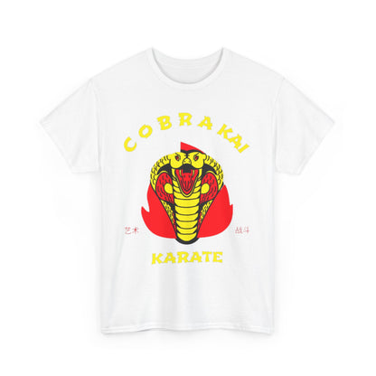 Chic white t-shirt design displaying the Cobra Kai karate emblem, complemented by bold colours of red and yellow, perfect for martial arts enthusiasts.