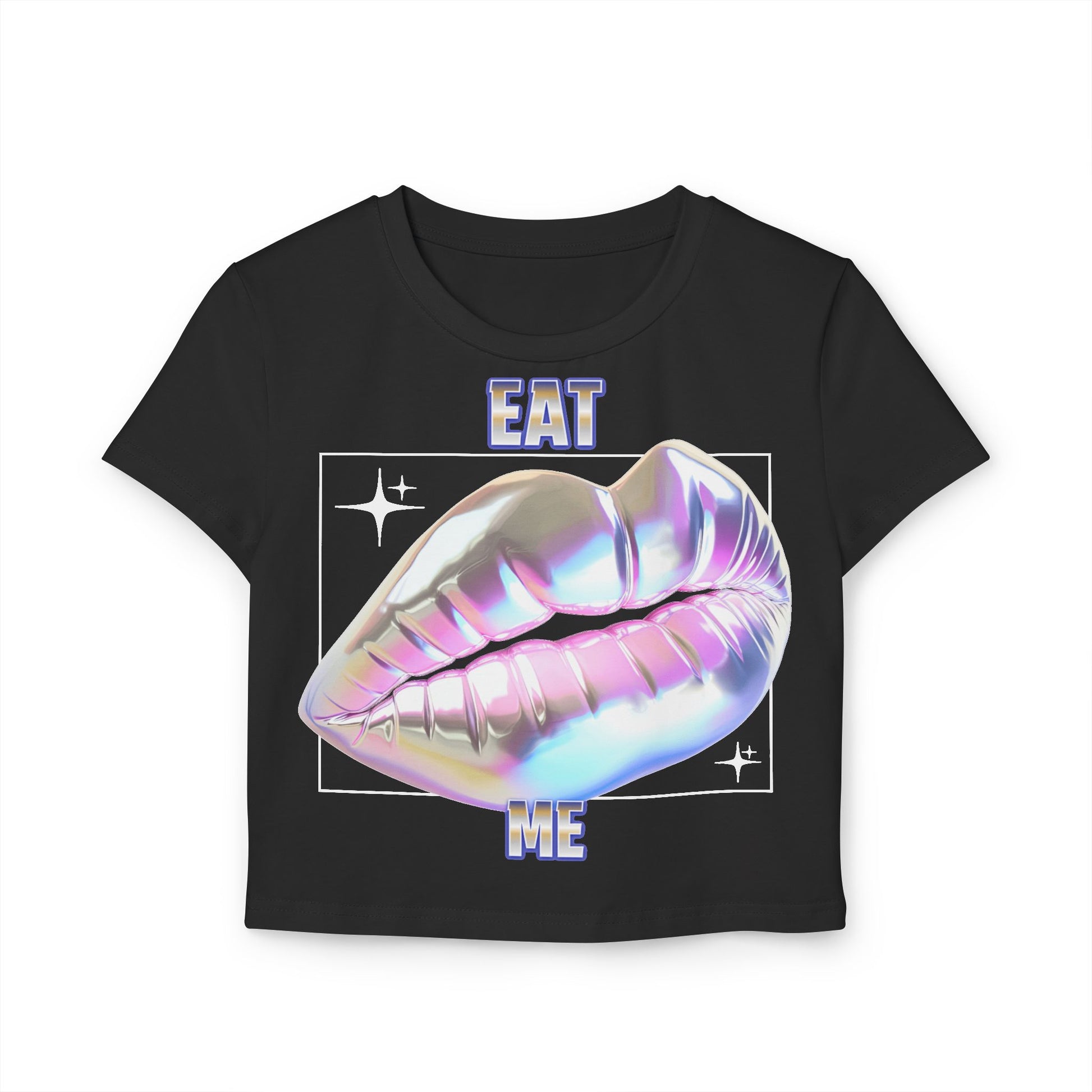 Stunning Cheeky Women's Cropped T-Shirt in black, prominently featuring a holographic 'Eat Me' lips design, exuding confidence and modern charm.