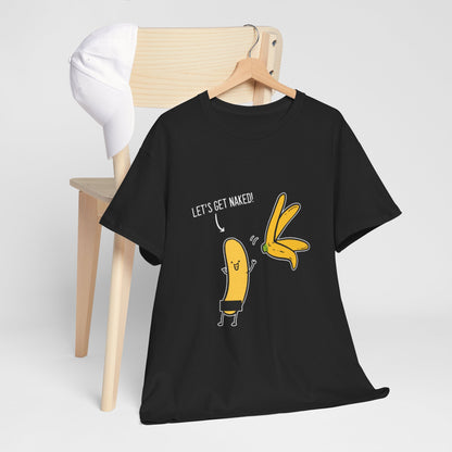 Black t-shirt displayed on a stylish wooden chair, showcasing a humorous design featuring two cartoon bananas with the text 'LET'S GET NAKED!' ideal for playful fashion lovers.