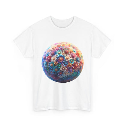 Front view of the Iridescent Floral Sphere Unisex Cotton Tee Graphic T Shirt showcasing a vibrant floral sphere graphic. A luxurious statement piece for any wardrobe.