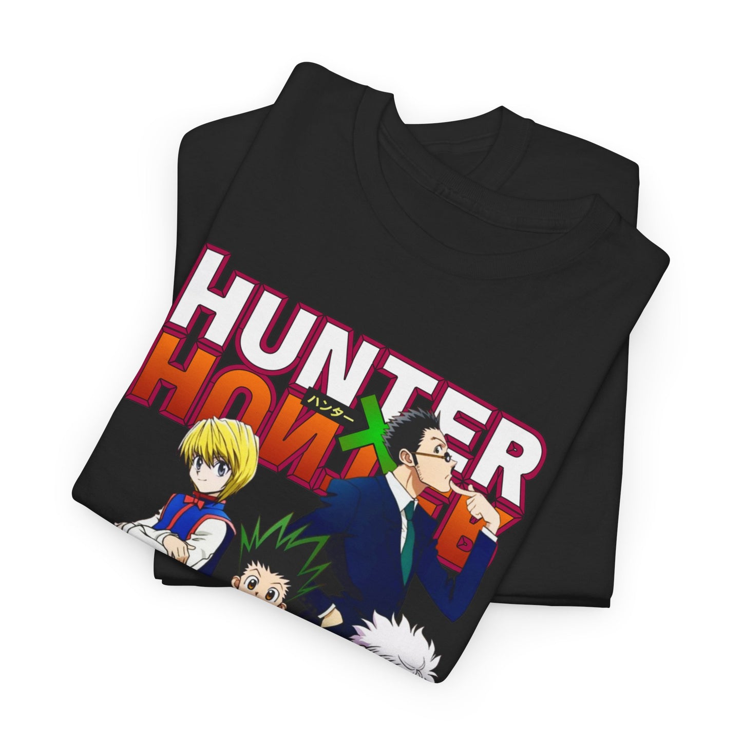 Luxurious Hunter x Hunter Elite T-shirt featuring vibrant character artwork showcasing prominent anime figures, including a bold typography design, perfect for fashion-forward fans.