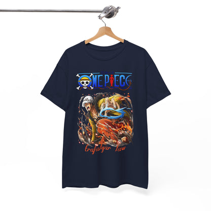 Luxurious navy blue graphic t-shirt featuring an intricate design of Trafalgar Law from One Piece, showcasing dynamic action and vibrant colours for anime enthusiasts.