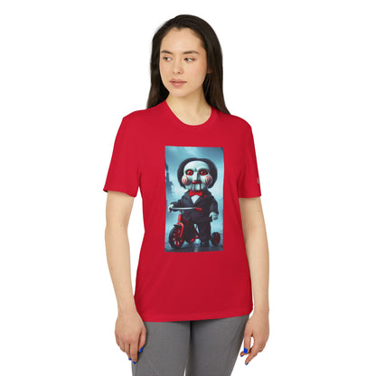 Model showcasing the Adidas Unisex Halloween Jigsaw Cute T-shirt in red, featuring a striking Jigsaw character print, ideal for making a statement during the Halloween season.