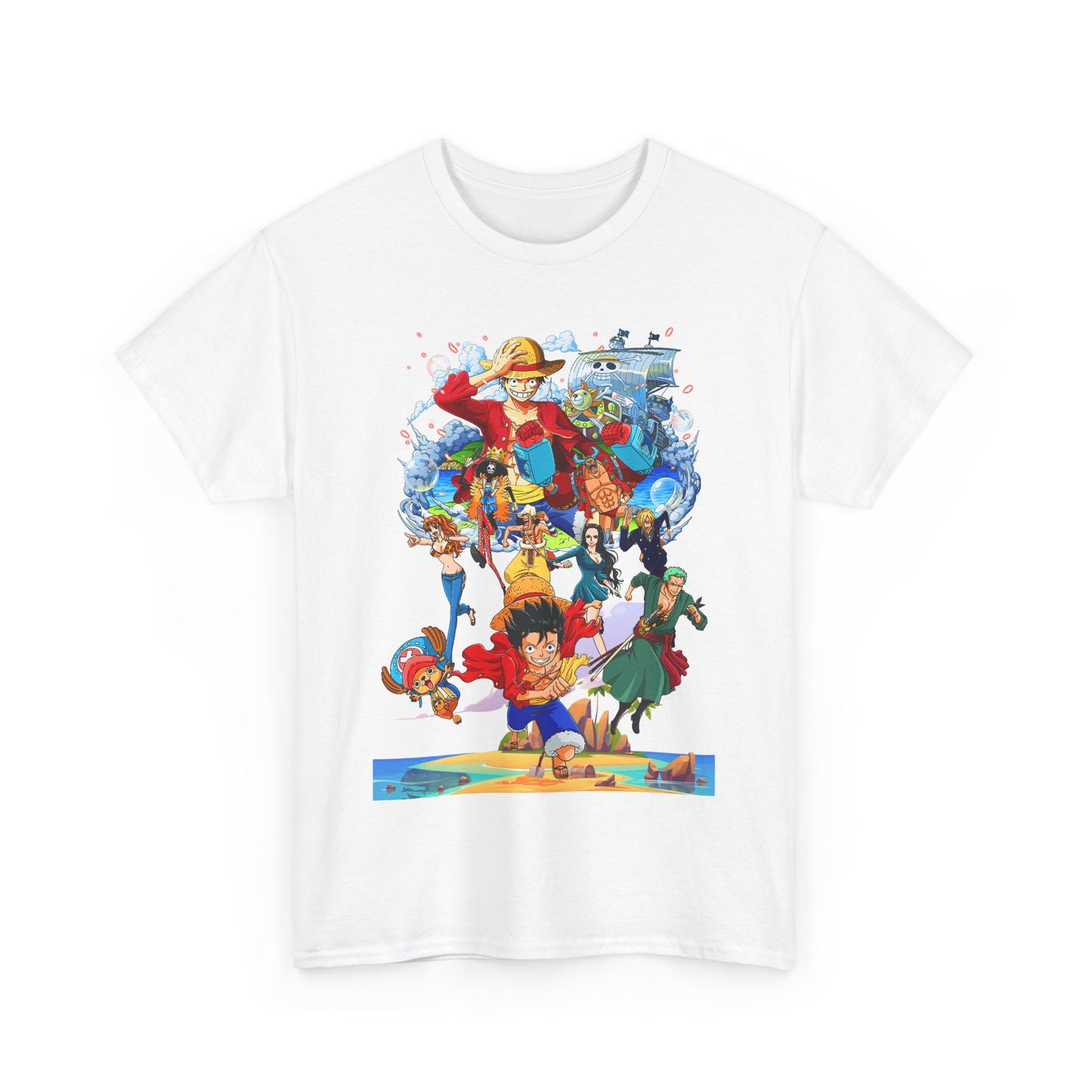Front view of a premium white anime t-shirt featuring striking artwork of beloved characters, embodying style and passion for fans.