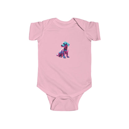 Puppy Bodysuit, a luxury baby romper in soft pink featuring an enchanting geometric design of a cute puppy, ideal for stylish infants. Perfect for various occasions.