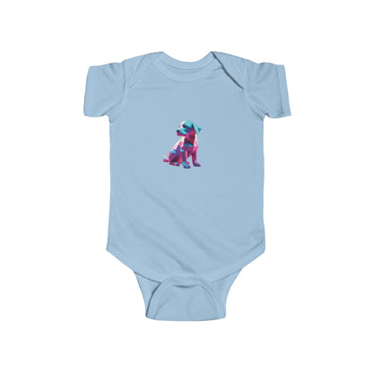 Chic Puppy Bodysuit in tranquil light blue, embellished with a delightful geometric puppy design, perfect for trendy infants.