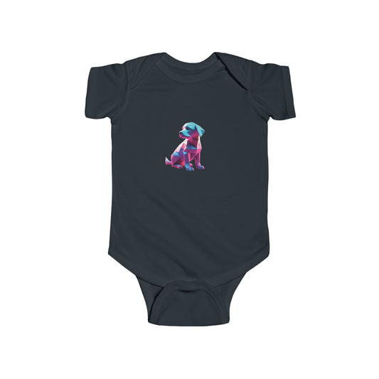 Luxurious Puppy Bodysuit, deep navy, featuring an enchanting geometric puppy design, perfect baby romper for stylish infants.