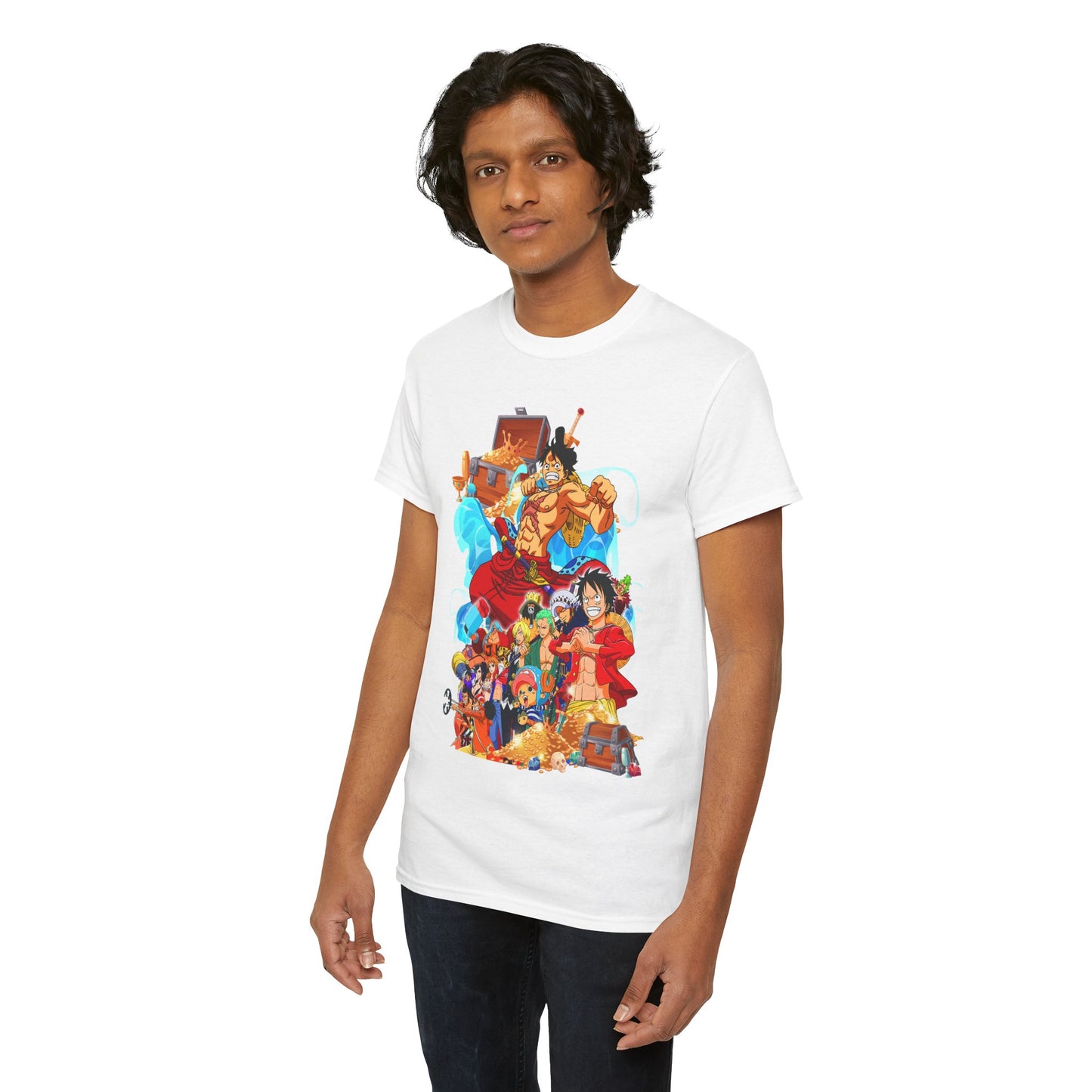 Stylishly dressed male model in a white T-shirt with a captivating anime illustration, merging adventure with fashion for a contemporary luxury appeal.
