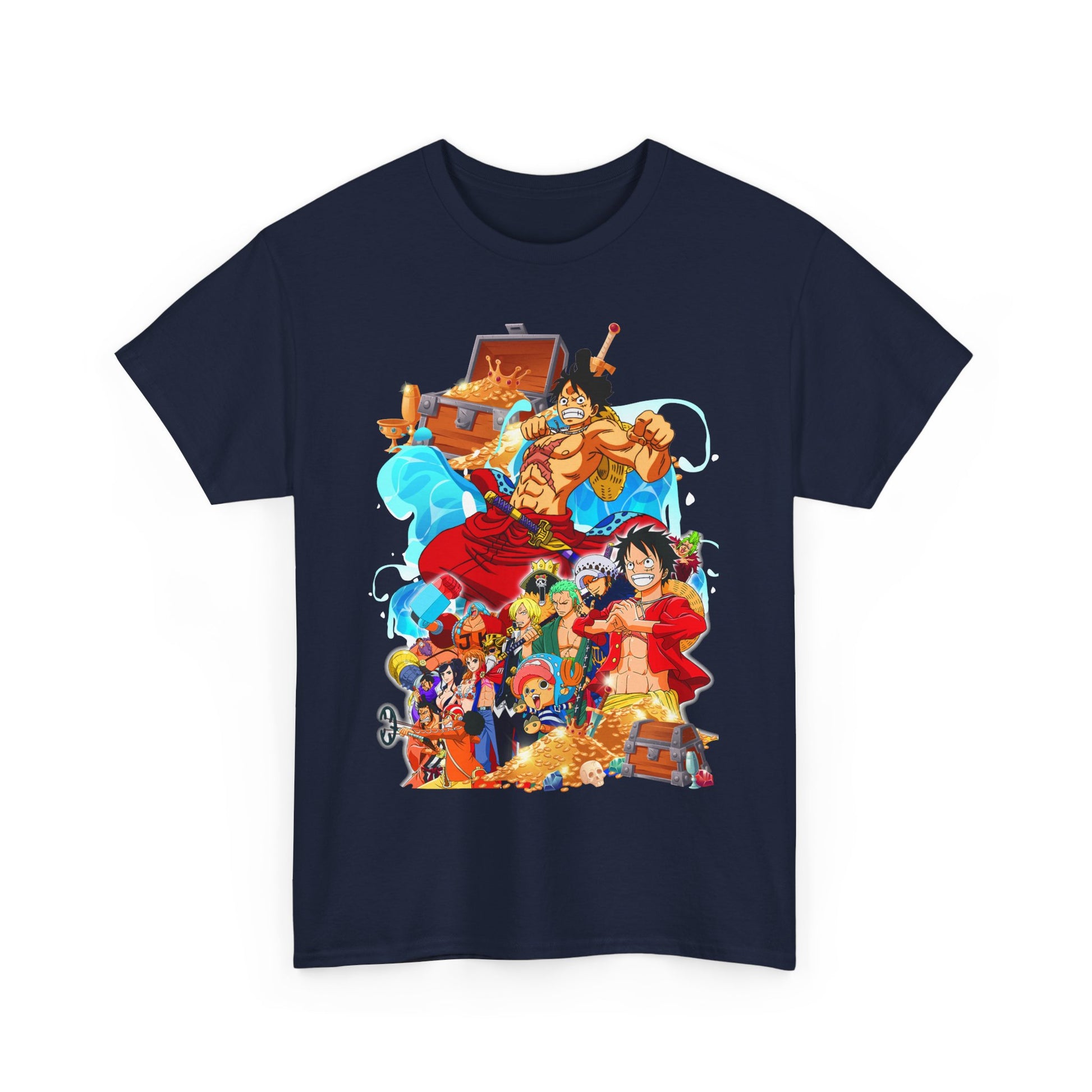 Luxurious navy blue T-shirt featuring a vibrant illustration of iconic anime characters, embodying adventure and style for discerning fans.