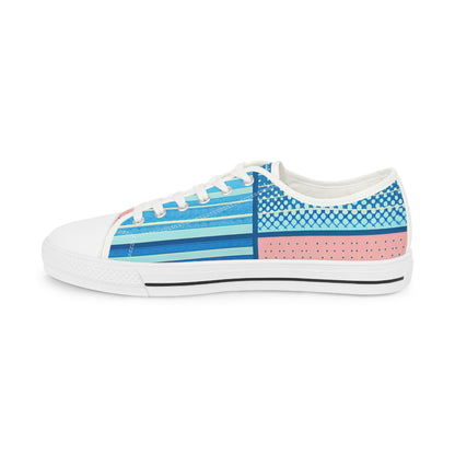 Side profile of Zoe Zapstride Pop Art Men's Lowtop Sneakers in bold blue and pastel pink, highlighting their minimalist charm and luxurious style.