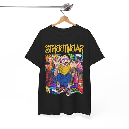 Chic black t-shirt displayed on a wooden hanger, showcasing a playful cartoon character and striking graffiti designs, embodying contemporary street fashion.