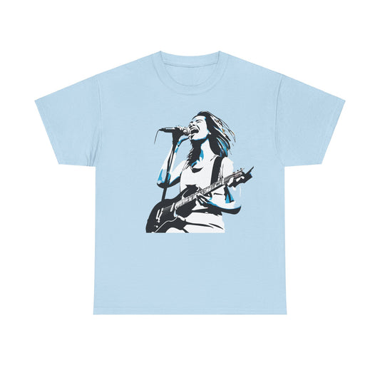 Legend of Rock Graphic T-Shirt in light blue, showcasing an artistic depiction of a female vocalist with a guitar, ideal for a chic streetwear look.