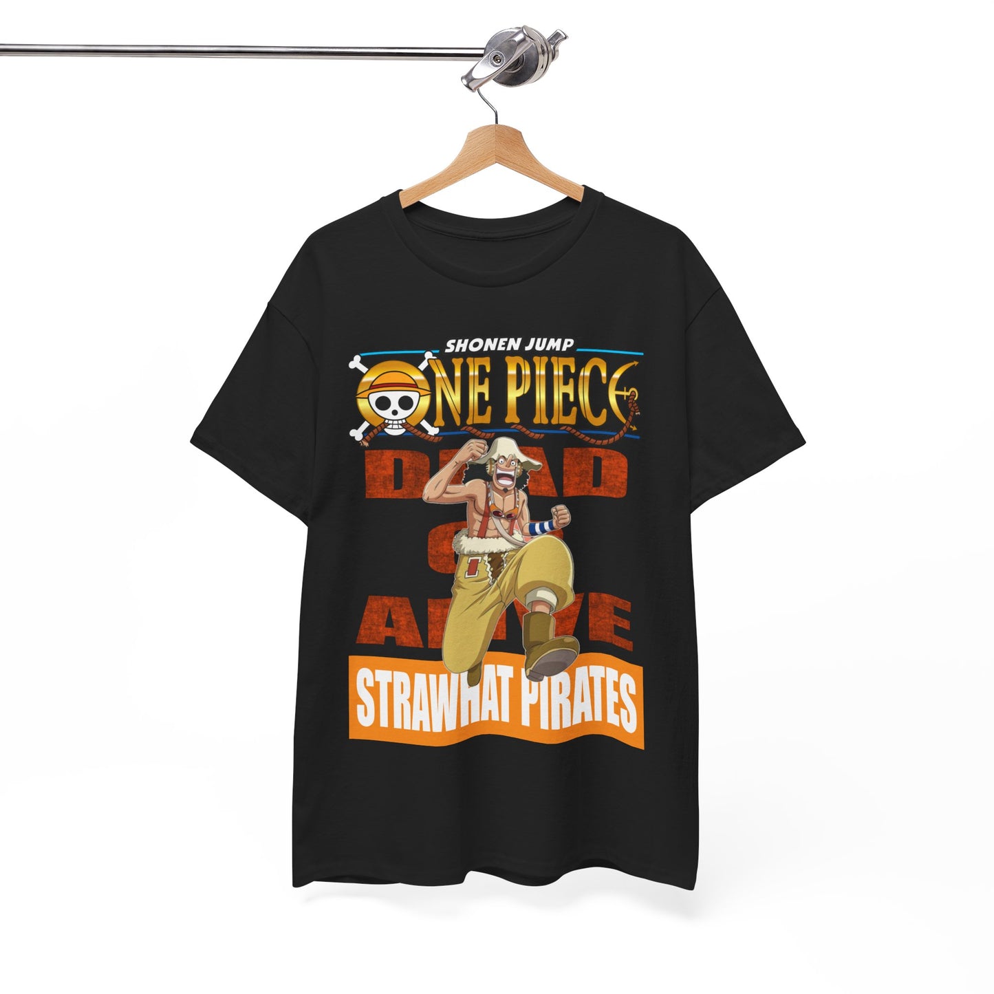 Stylish black t-shirt displayed on a hanger, adorned with an eye-catching anime graphic from One Piece, perfect for fashion-forward anime enthusiasts.