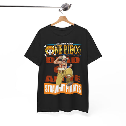 Stylish black t-shirt displayed on a hanger, adorned with an eye-catching anime graphic from One Piece, perfect for fashion-forward anime enthusiasts.
