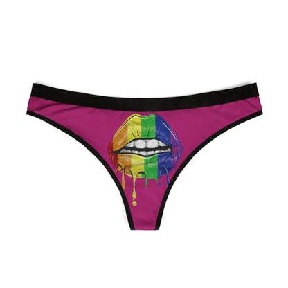 Chic women's thong showcasing a colourful illustration of rainbow lips, ideal for adding a touch of whimsy to intimate moments and celebrations.
