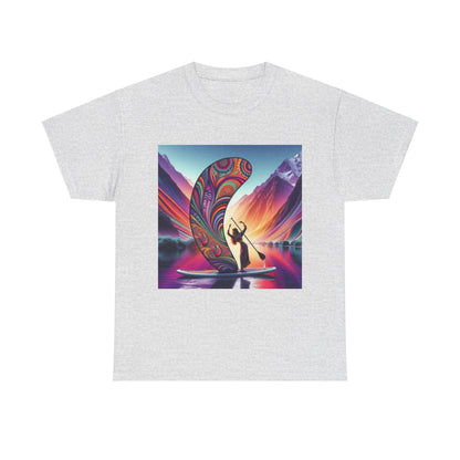 Luxury Paddleboard Adventure T-Shirt featuring vibrant paddleboarding graphics and a serene nature backdrop in a stylish design.