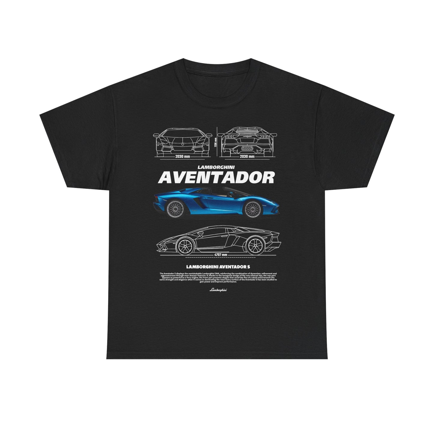 Luxury black men's t-shirt featuring the iconic Lamborghini Aventador graphic, showcasing stunning car design details and measurements.