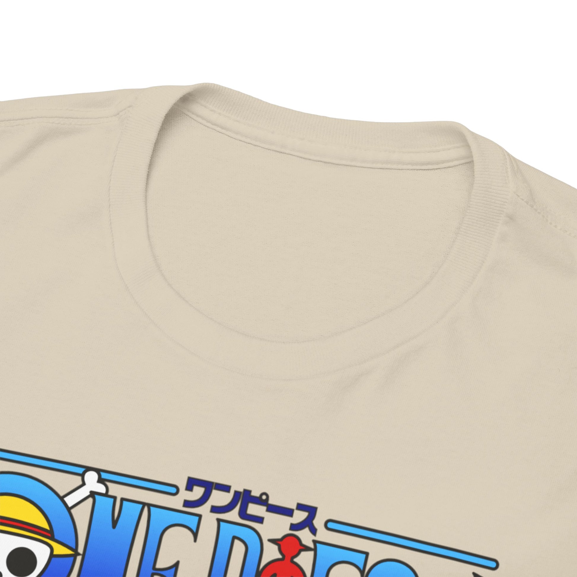 Close-up view of the collar and neckline of a premium quality Men’s T-shirt featuring a vibrant design inspired by the anime One Piece.