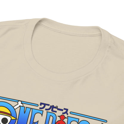 Close-up view of the collar and neckline of a premium quality Men’s T-shirt featuring a vibrant design inspired by the anime One Piece.
