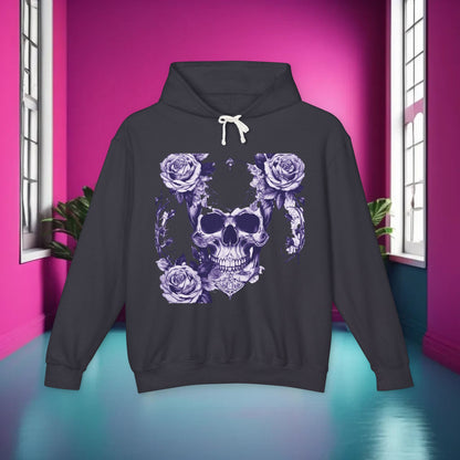 Stylish Unisex Lightweight Hooded Sweatshirt showcasing a bold designer skull and roses pattern, presented in a fashionable environment with colourful walls.