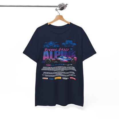 Elegant Alpine F1 Team Men’s T-Shirt hanging on a stylish wooden hanger, showcasing a premium graphic of Pierre Gasly’s race car, embodying the essence of high-quality motorsport apparel.